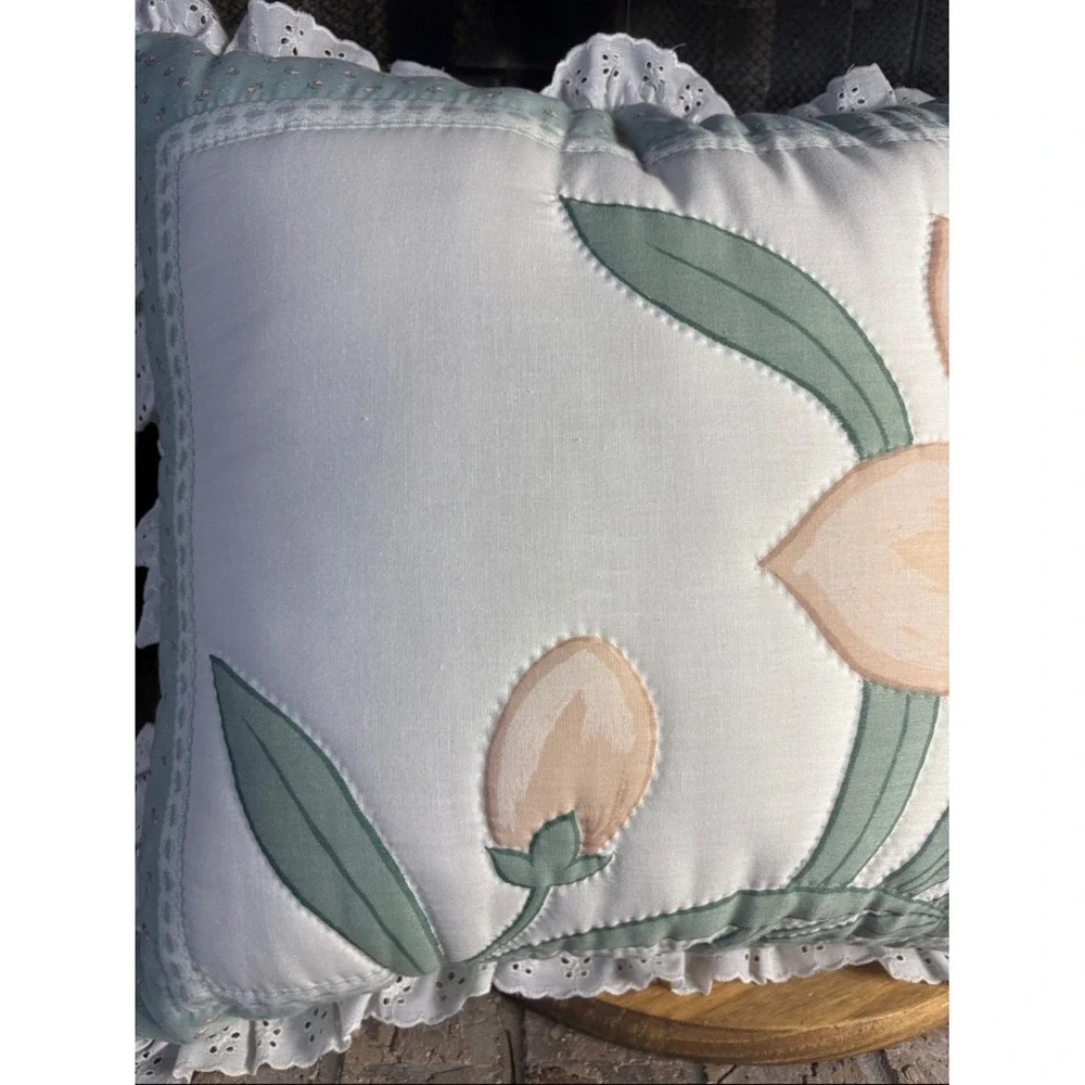 Vintage Oversized Quilted Tiger Lilly Decorative Pillow w/Ruffle CottageCore 80s